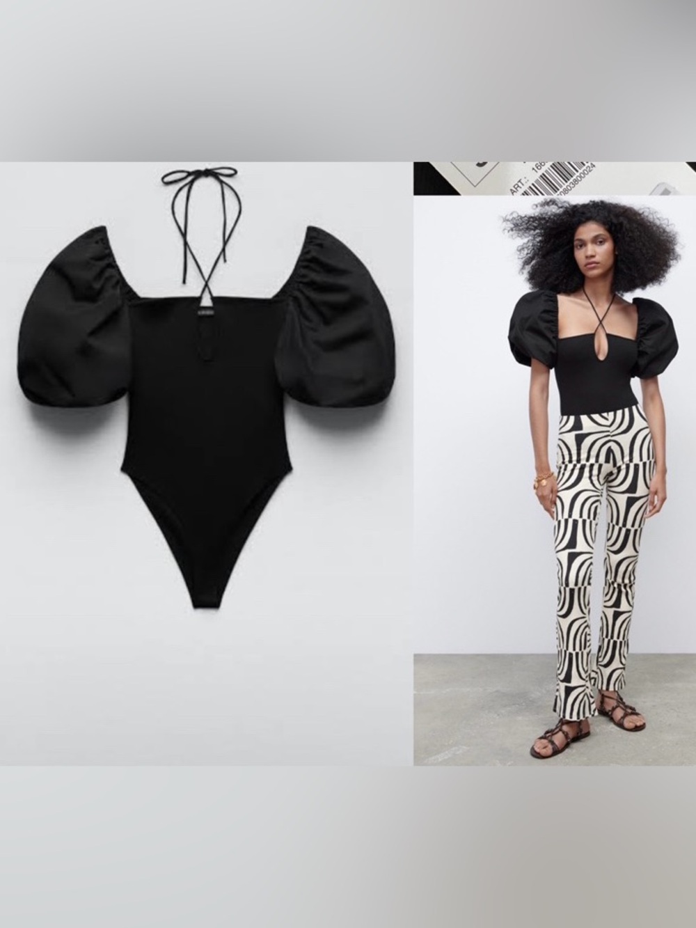 Zara Black Puff-Sleeve Square-Neck Bodysuit